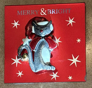 Vintage AJMC Brooch Cat Pin / Brooch Pewter Glitter Enamel Jingle Bell 1-5/8"